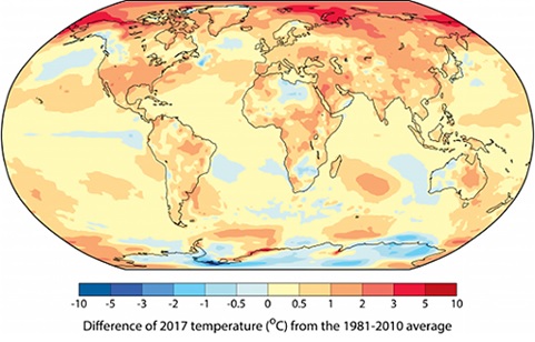 Places where the 2017 world average temperature is higher than the average values during 1981-2010,